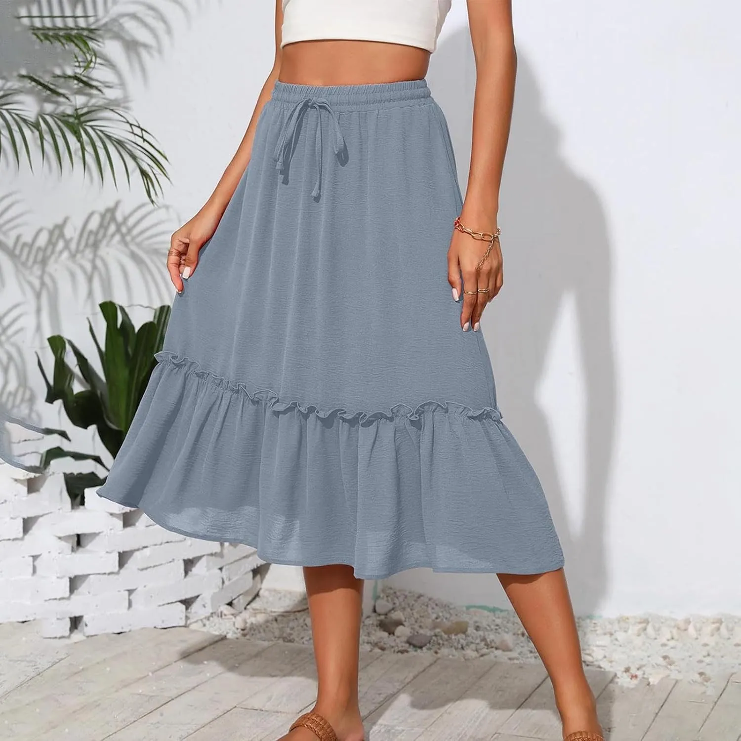 Women Ruched Ruffle Skirts Midi Length Summer Beach Half Dress Casual Vacation Skirt Trendy Cruise Clothes