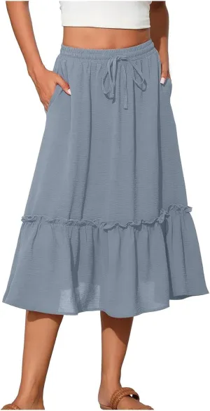 Women Ruched Ruffle Skirts Midi Length Summer Beach Half Dress Casual Vacation Skirt Trendy Cruise Clothes