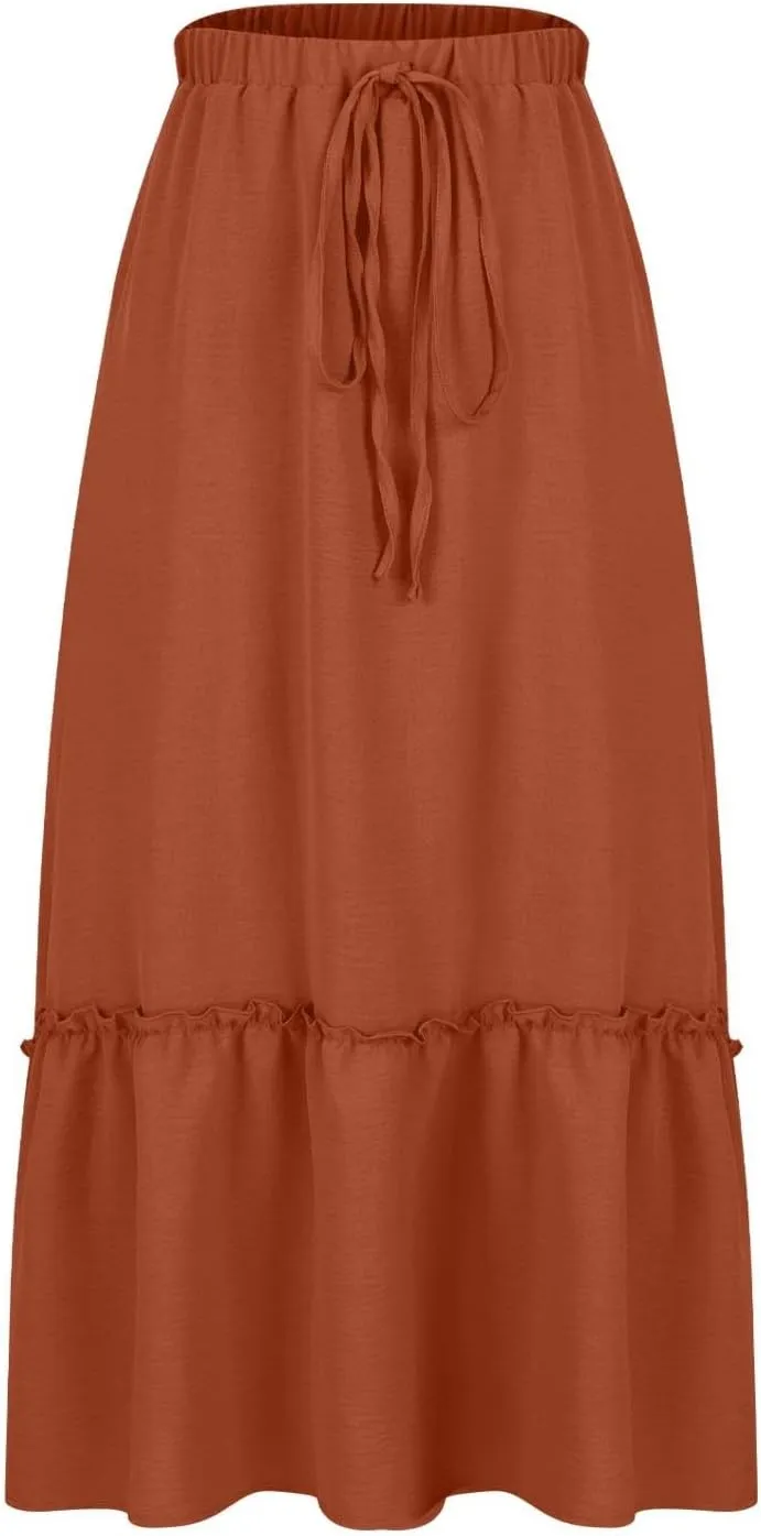 Women Ruched Ruffle Skirts Midi Length Summer Beach Half Dress Casual Vacation Skirt Trendy Cruise Clothes