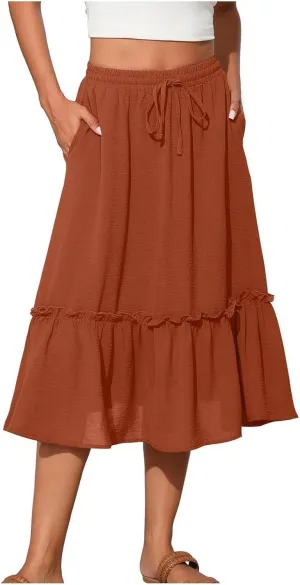 Women Ruched Ruffle Skirts Midi Length Summer Beach Half Dress Casual Vacation Skirt Trendy Cruise Clothes