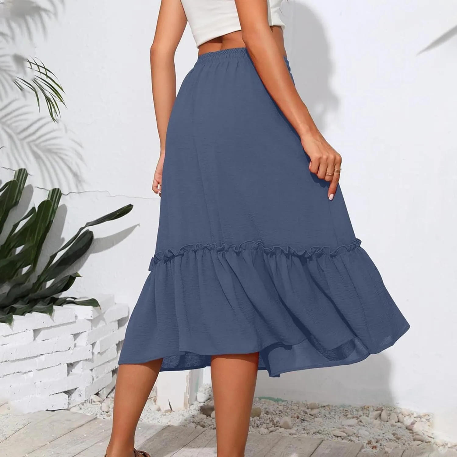Women Ruched Ruffle Skirts Midi Length Summer Beach Half Dress Casual Vacation Skirt Trendy Cruise Clothes