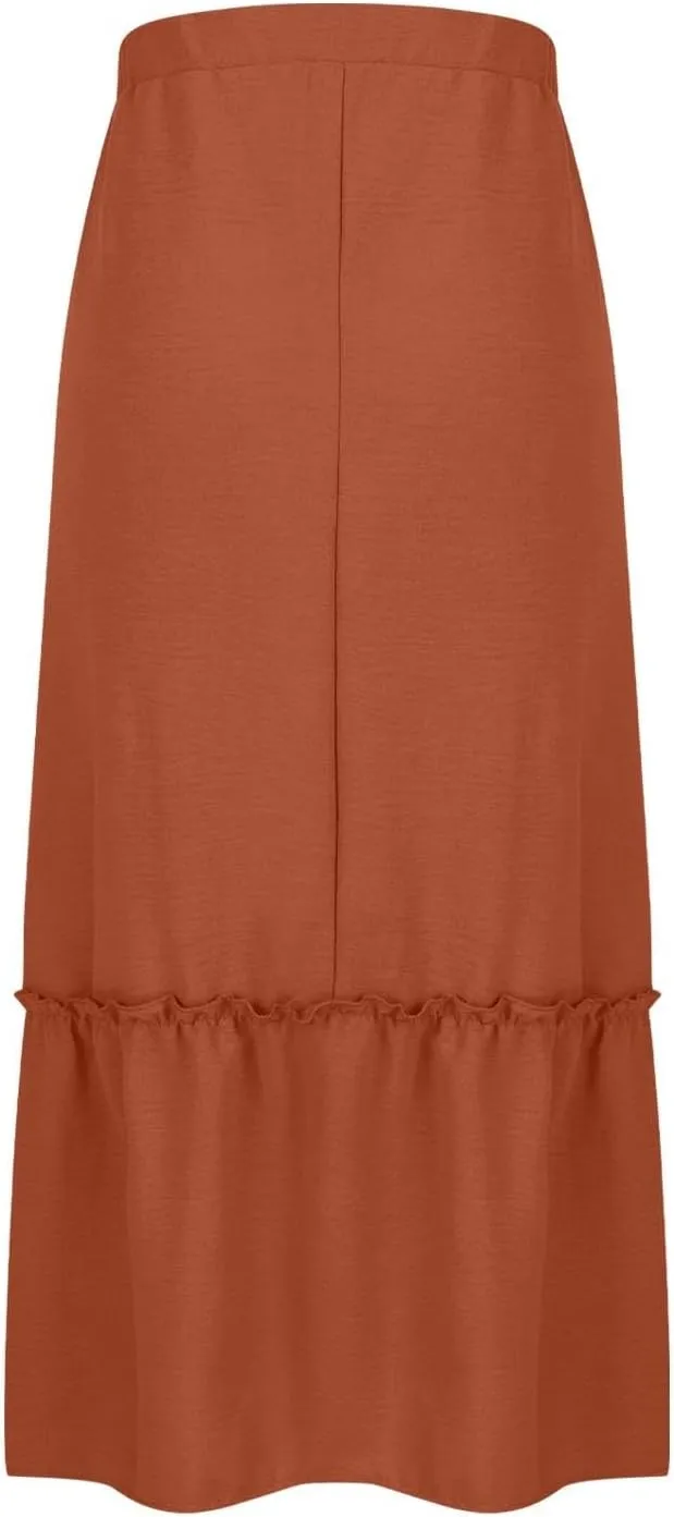 Women Ruched Ruffle Skirts Midi Length Summer Beach Half Dress Casual Vacation Skirt Trendy Cruise Clothes