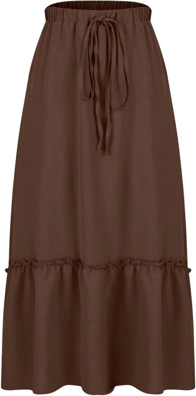 Women Ruched Ruffle Skirts Midi Length Summer Beach Half Dress Casual Vacation Skirt Trendy Cruise Clothes