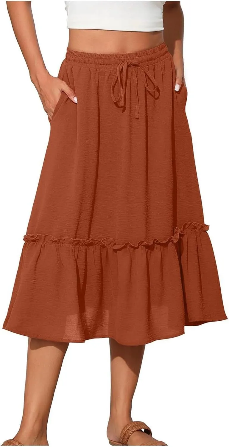 Women Ruched Ruffle Skirts Midi Length Summer Beach Half Dress Casual Vacation Skirt Trendy Cruise Clothes