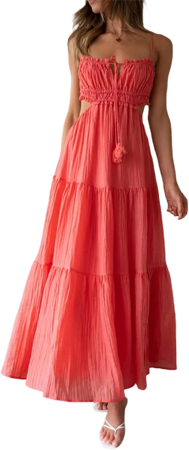 Women Sexy Spaghetti Strap Low Cut Dress Y2k Bodycon Long Dress Sleeveless Backless Maxi Dresses Going Out Party Clubwear