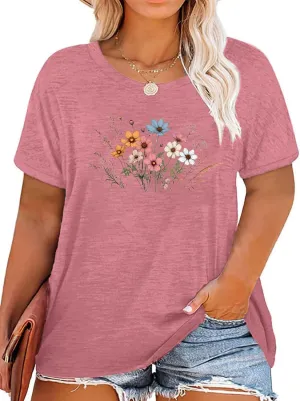 Women Short Sleeve Plus Size O-Neck Vintage Flower Botanical Graphic Printed Shirt Casual Top Tshirt Tunics