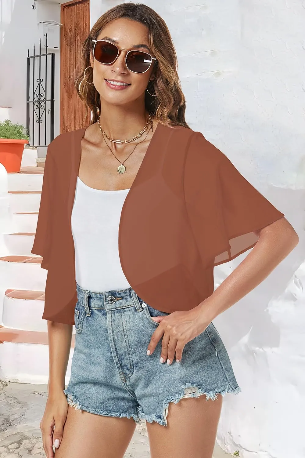 Women Shrug Chiffon Cardigans Open Front Short Sleeve Bolero for Evening Dressy