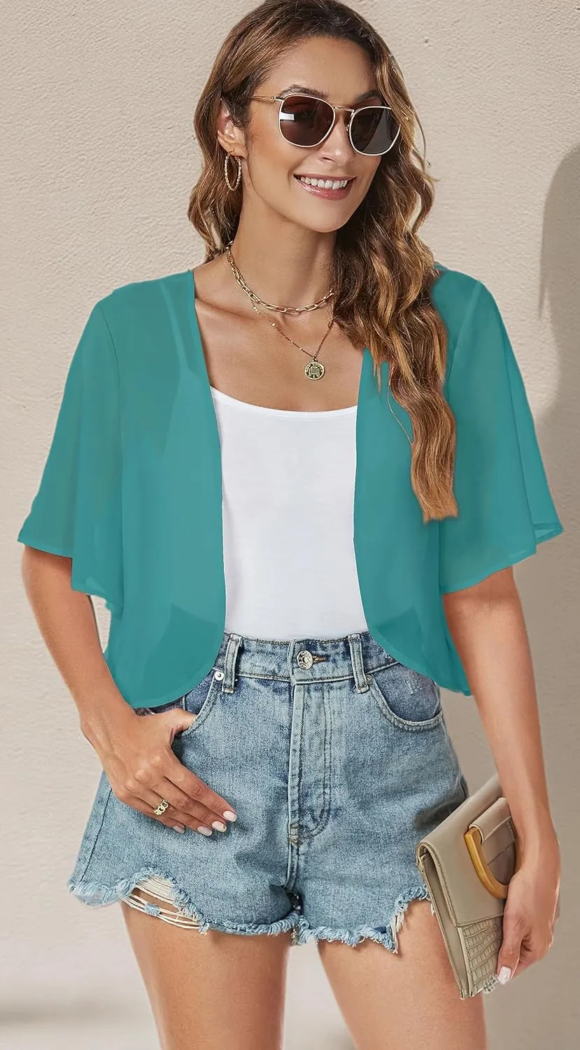 Women Shrug Chiffon Cardigans Open Front Short Sleeve Bolero for Evening Dressy