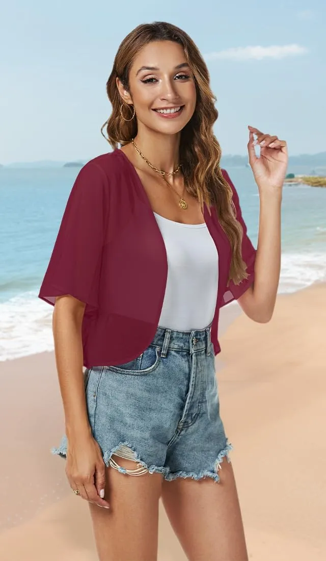 Women Shrug Chiffon Cardigans Open Front Short Sleeve Bolero for Evening Dressy
