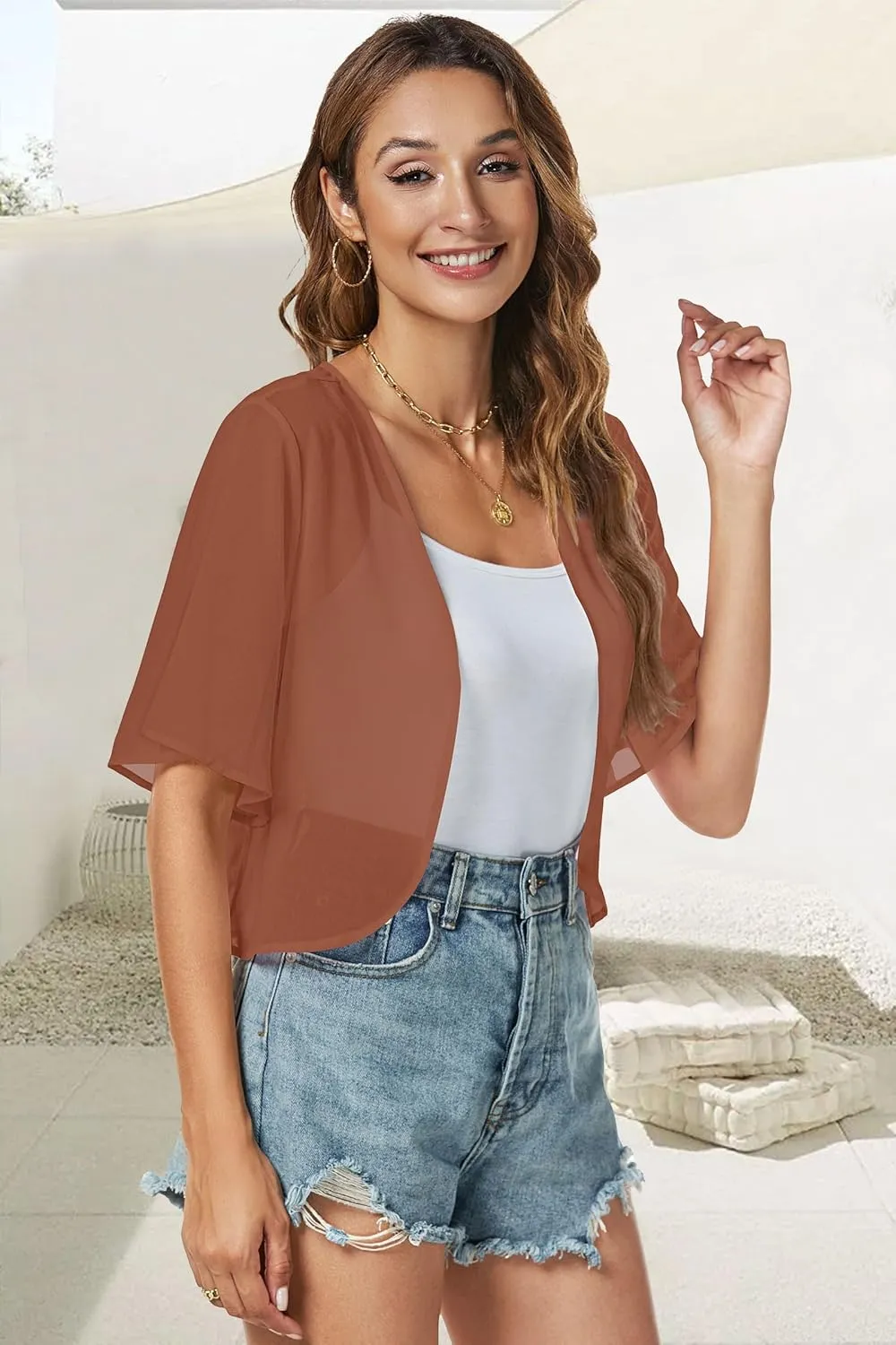 Women Shrug Chiffon Cardigans Open Front Short Sleeve Bolero for Evening Dressy