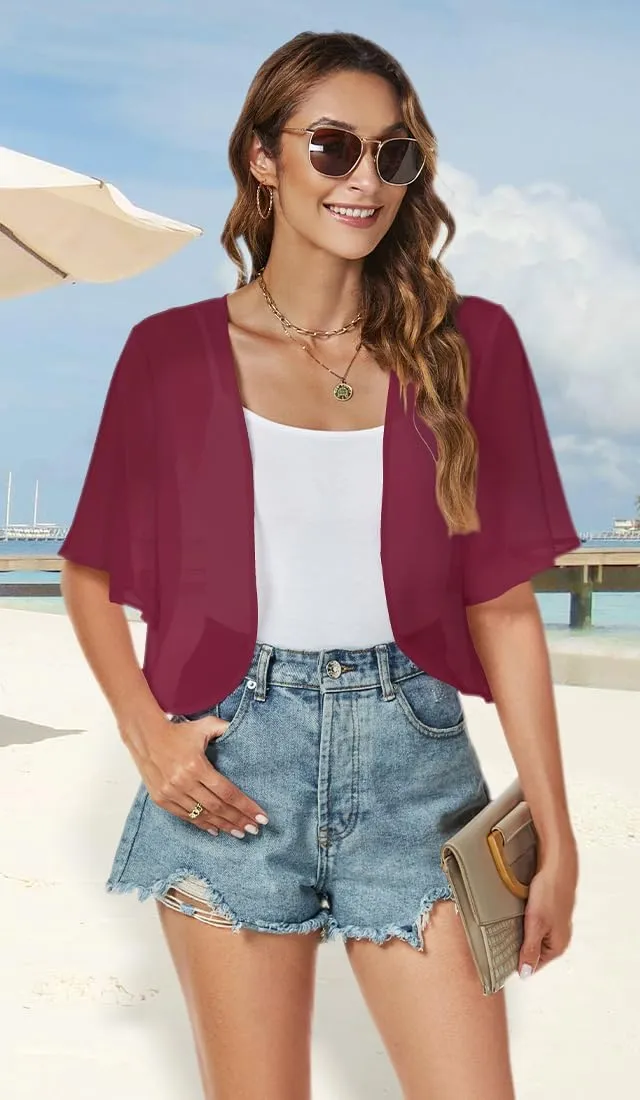 Women Shrug Chiffon Cardigans Open Front Short Sleeve Bolero for Evening Dressy
