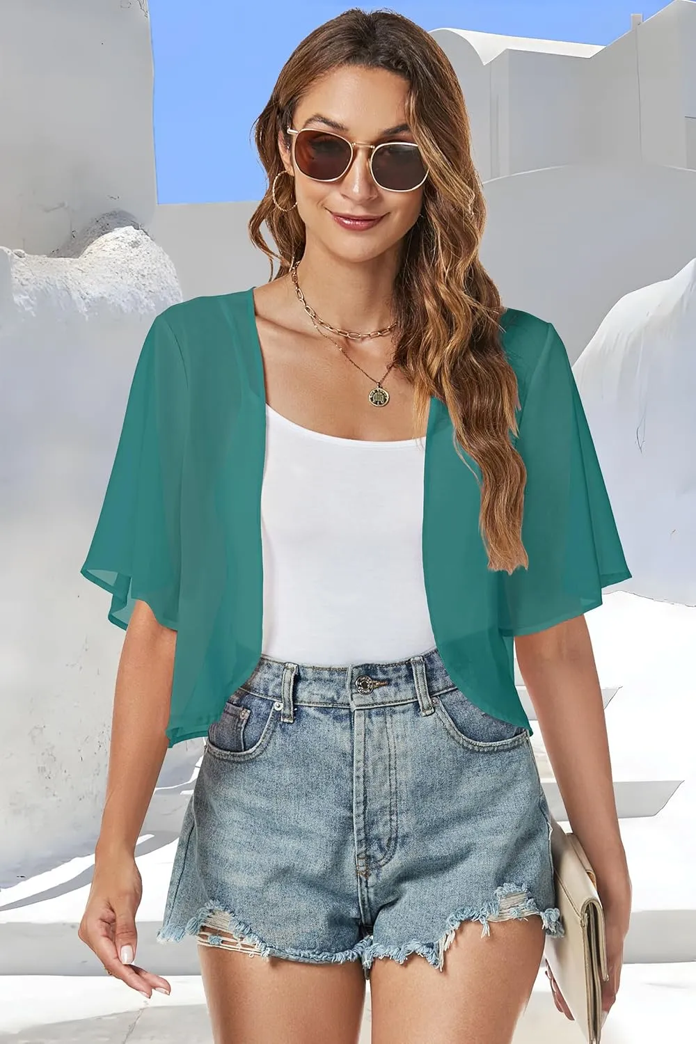 Women Shrug Chiffon Cardigans Open Front Short Sleeve Bolero for Evening Dressy