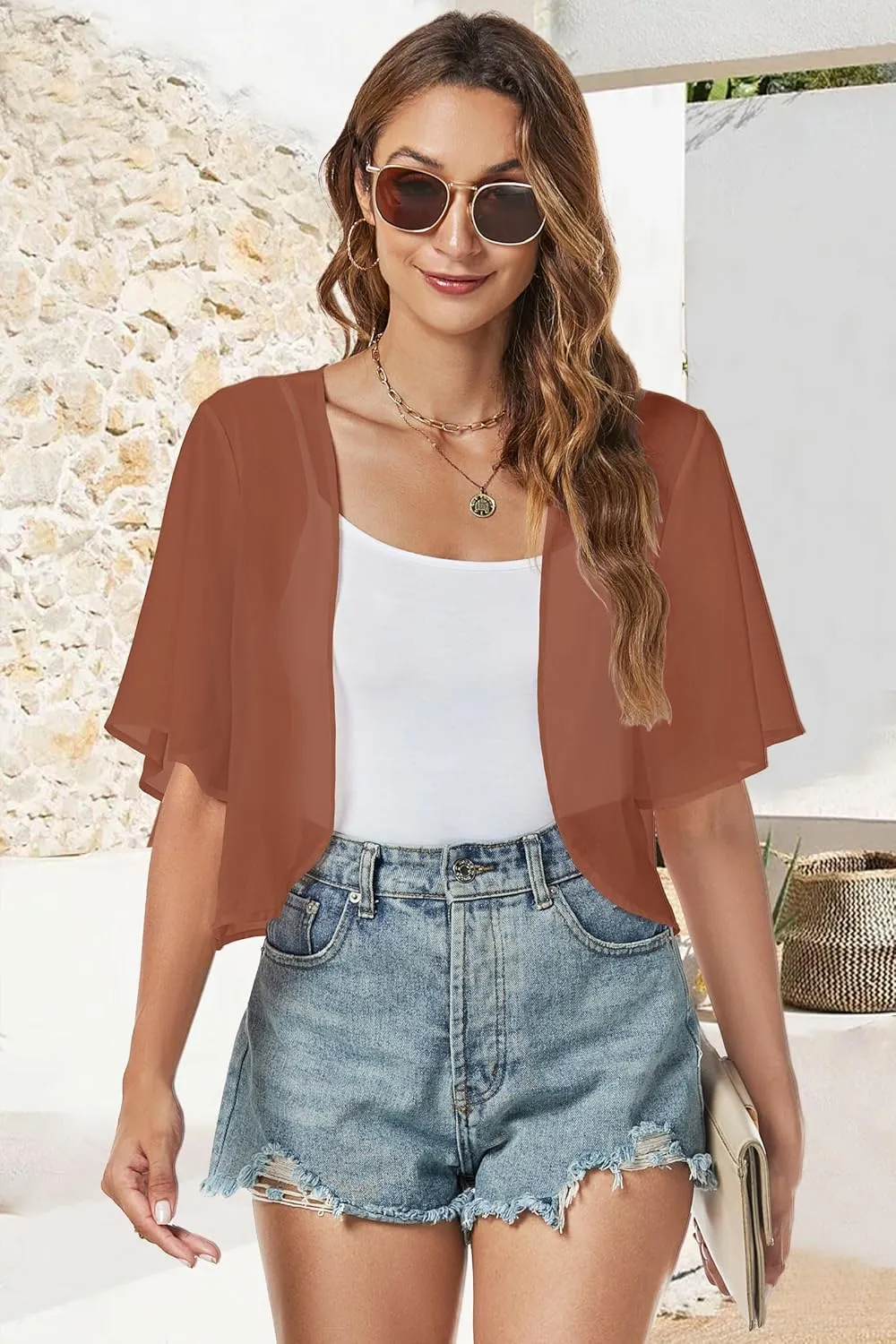 Women Shrug Chiffon Cardigans Open Front Short Sleeve Bolero for Evening Dressy