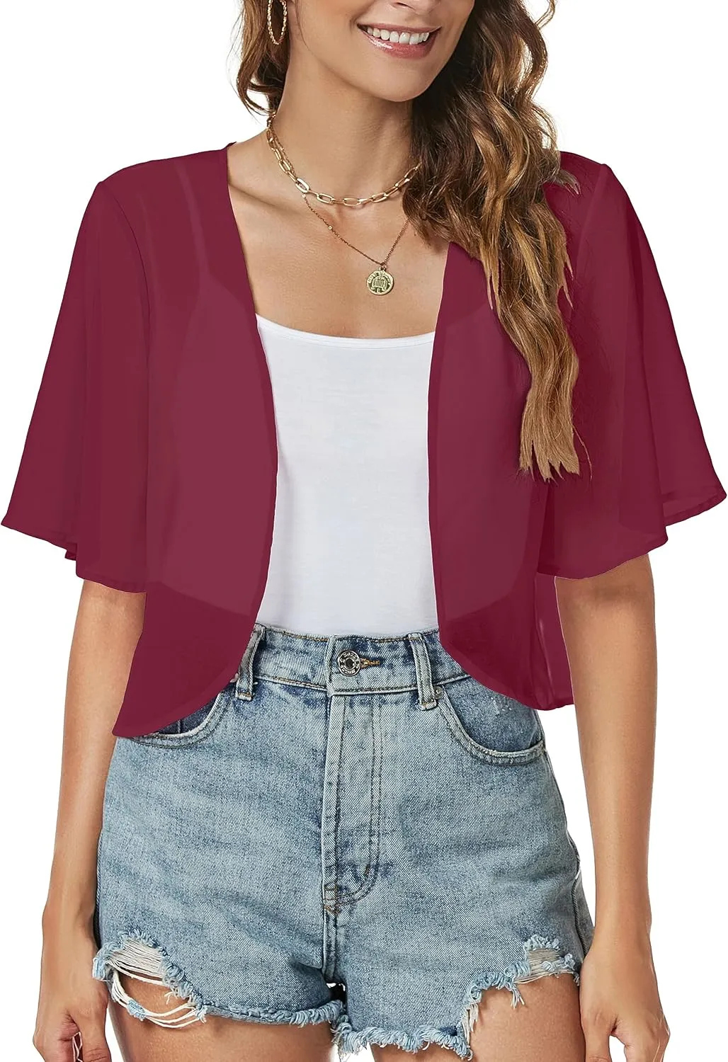 Women Shrug Chiffon Cardigans Open Front Short Sleeve Bolero for Evening Dressy