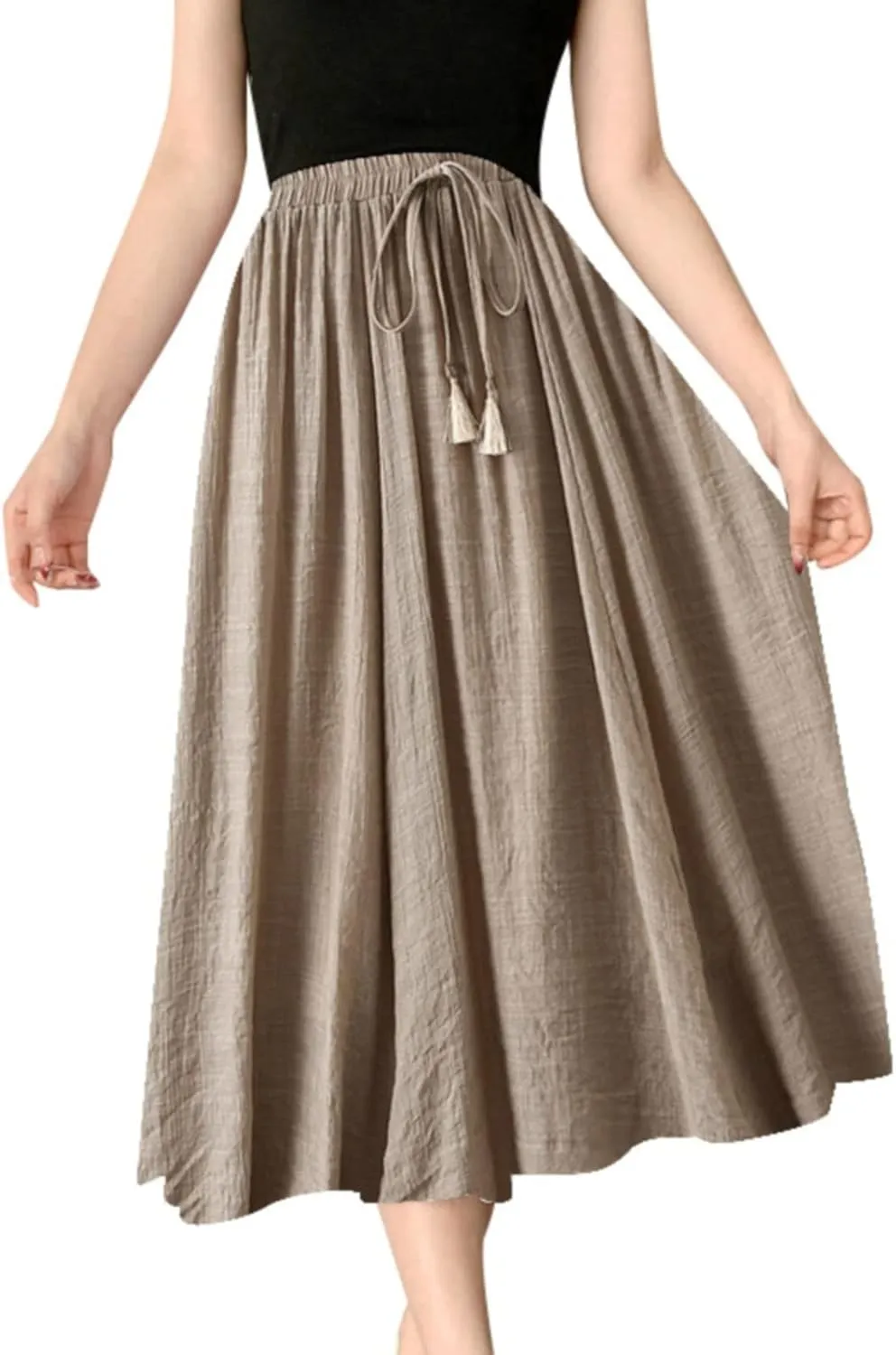 Women Summer Casual Boho Floral Maxi Skirt Elastic High Waist Tiered Pleated Flowy Long Beach Skirt with Pockets