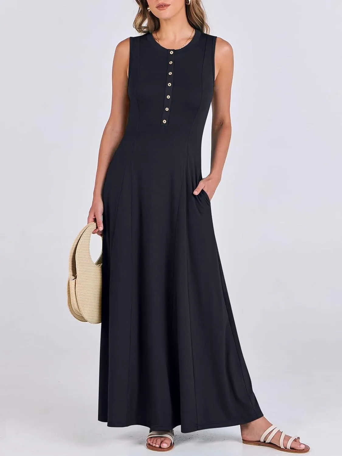 Women Summer Casual Sleeveless Maxi Sundress Button Fit & Flare A-Line Flowy Long Dresses 2024 Beach Outfits