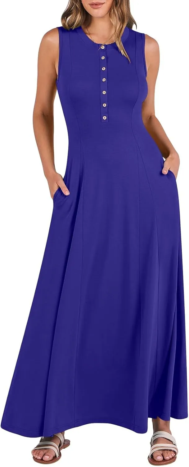 Women Summer Casual Sleeveless Maxi Sundress Button Fit & Flare A-Line Flowy Long Dresses 2024 Beach Outfits