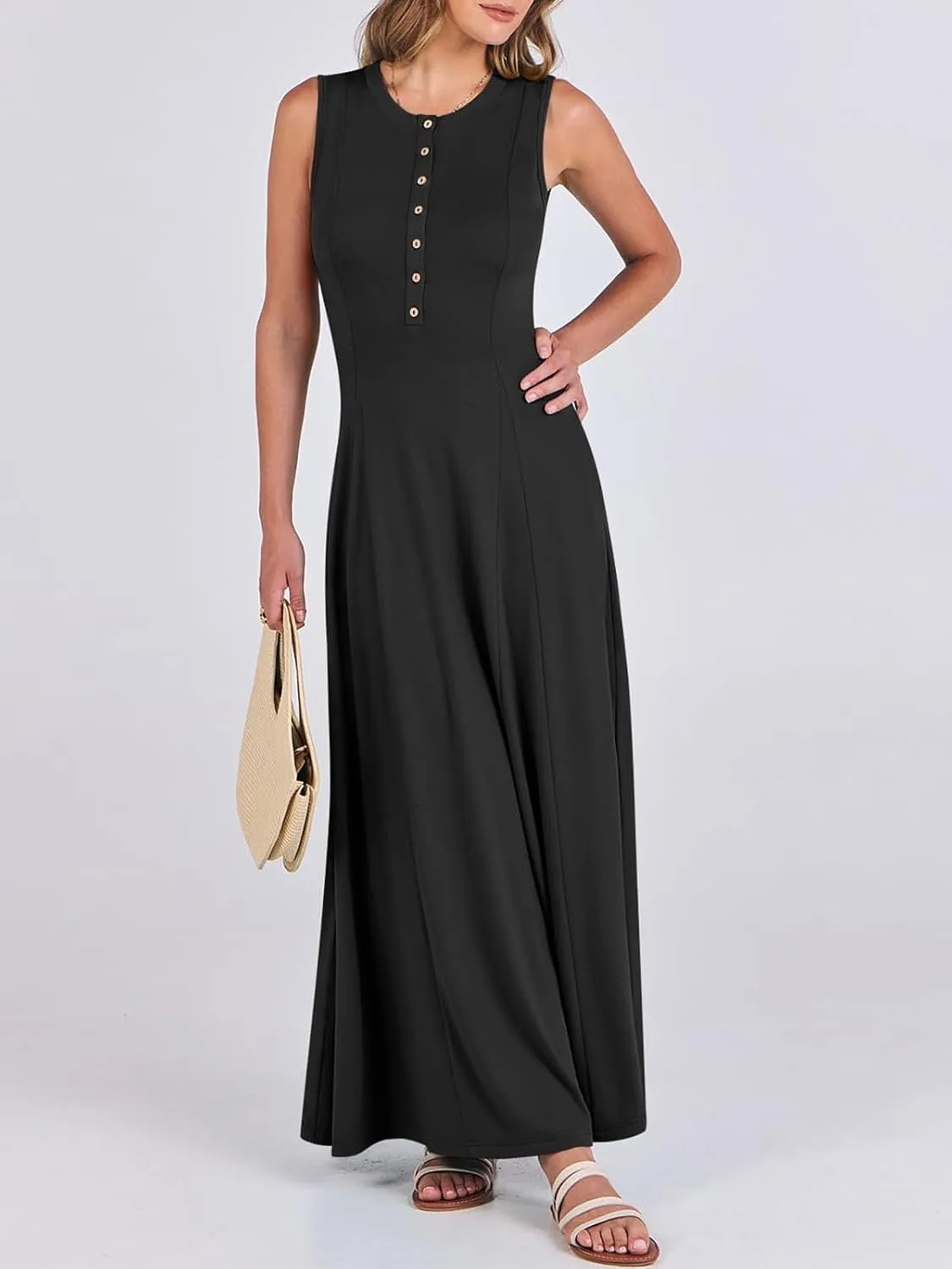 Women Summer Casual Sleeveless Maxi Sundress Button Fit & Flare A-Line Flowy Long Dresses 2024 Beach Outfits