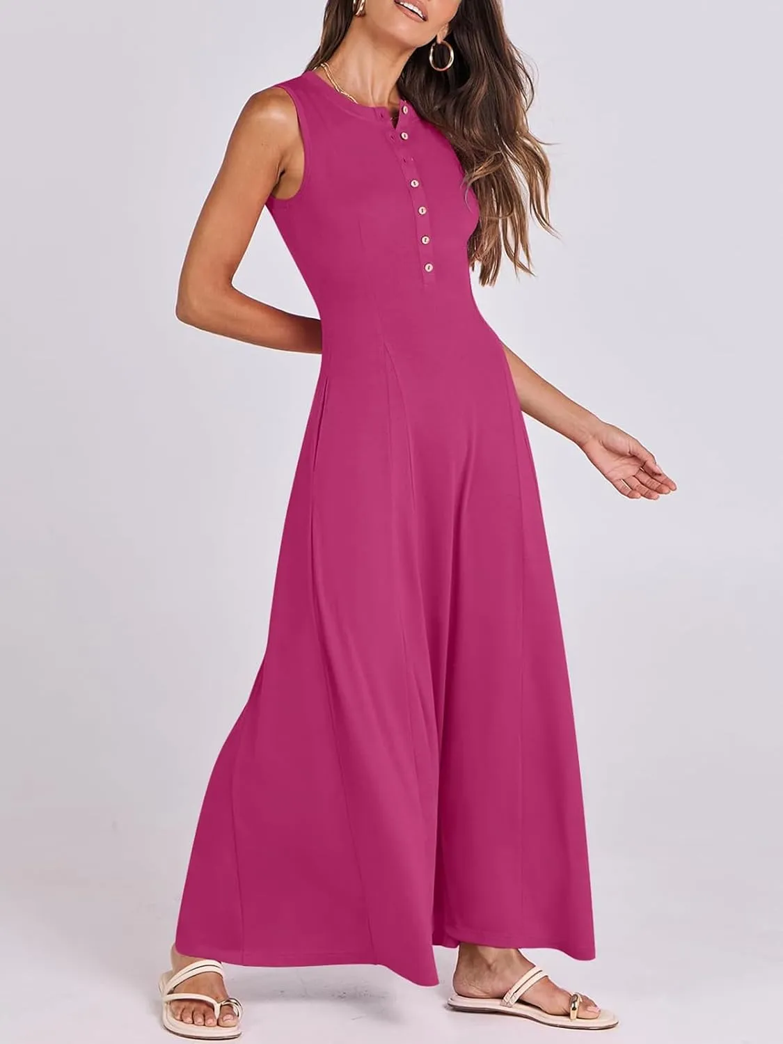 Women Summer Casual Sleeveless Maxi Sundress Button Fit & Flare A-Line Flowy Long Dresses 2024 Beach Outfits
