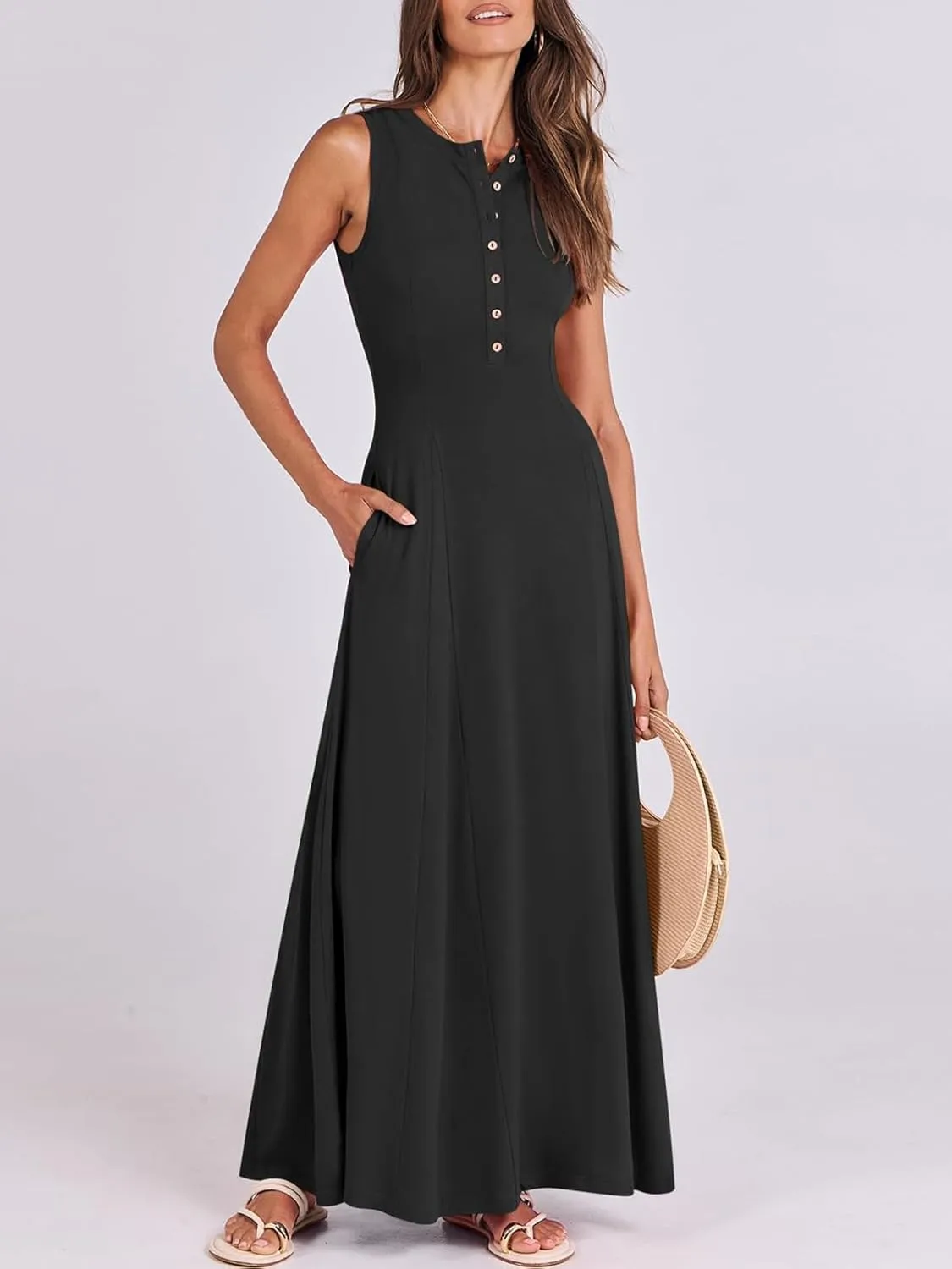 Women Summer Casual Sleeveless Maxi Sundress Button Fit & Flare A-Line Flowy Long Dresses 2024 Beach Outfits