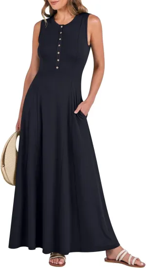 Women Summer Casual Sleeveless Maxi Sundress Button Fit & Flare A-Line Flowy Long Dresses 2024 Beach Outfits