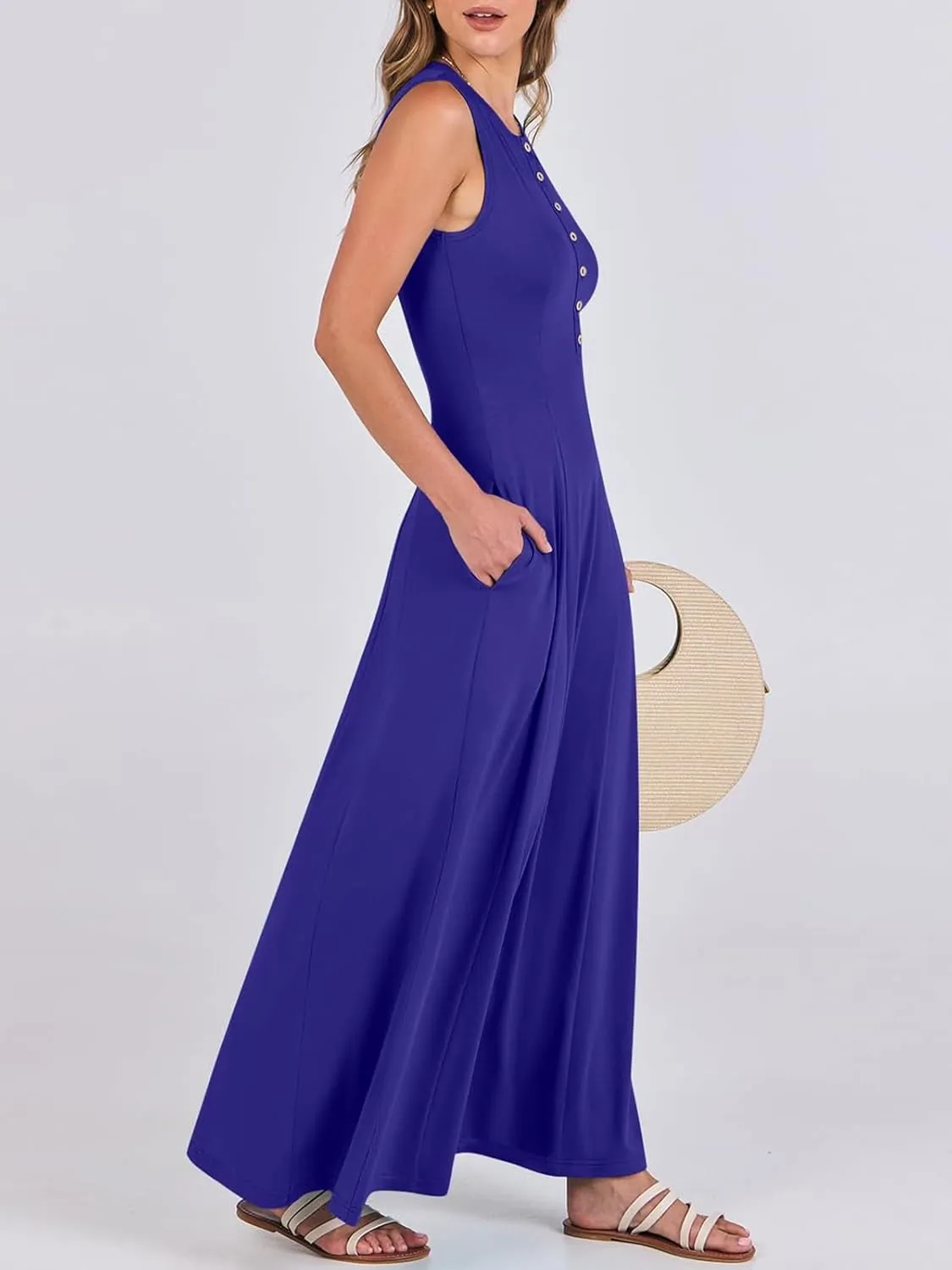 Women Summer Casual Sleeveless Maxi Sundress Button Fit & Flare A-Line Flowy Long Dresses 2024 Beach Outfits