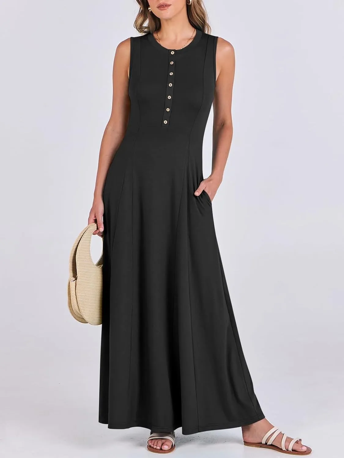 Women Summer Casual Sleeveless Maxi Sundress Button Fit & Flare A-Line Flowy Long Dresses 2024 Beach Outfits