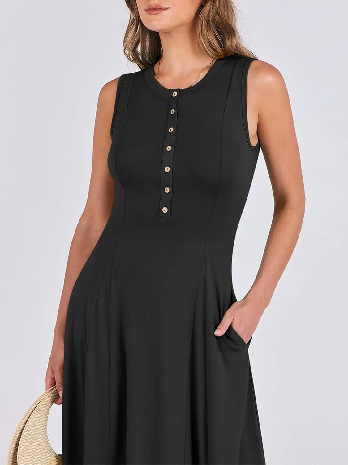 Women Summer Casual Sleeveless Maxi Sundress Button Fit & Flare A-Line Flowy Long Dresses 2024 Beach Outfits
