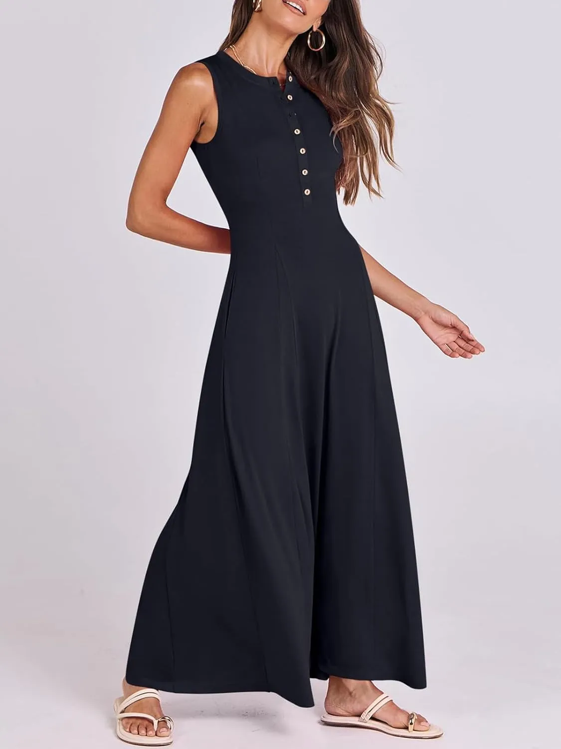 Women Summer Casual Sleeveless Maxi Sundress Button Fit & Flare A-Line Flowy Long Dresses 2024 Beach Outfits