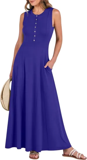 Women Summer Casual Sleeveless Maxi Sundress Button Fit & Flare A-Line Flowy Long Dresses 2024 Beach Outfits