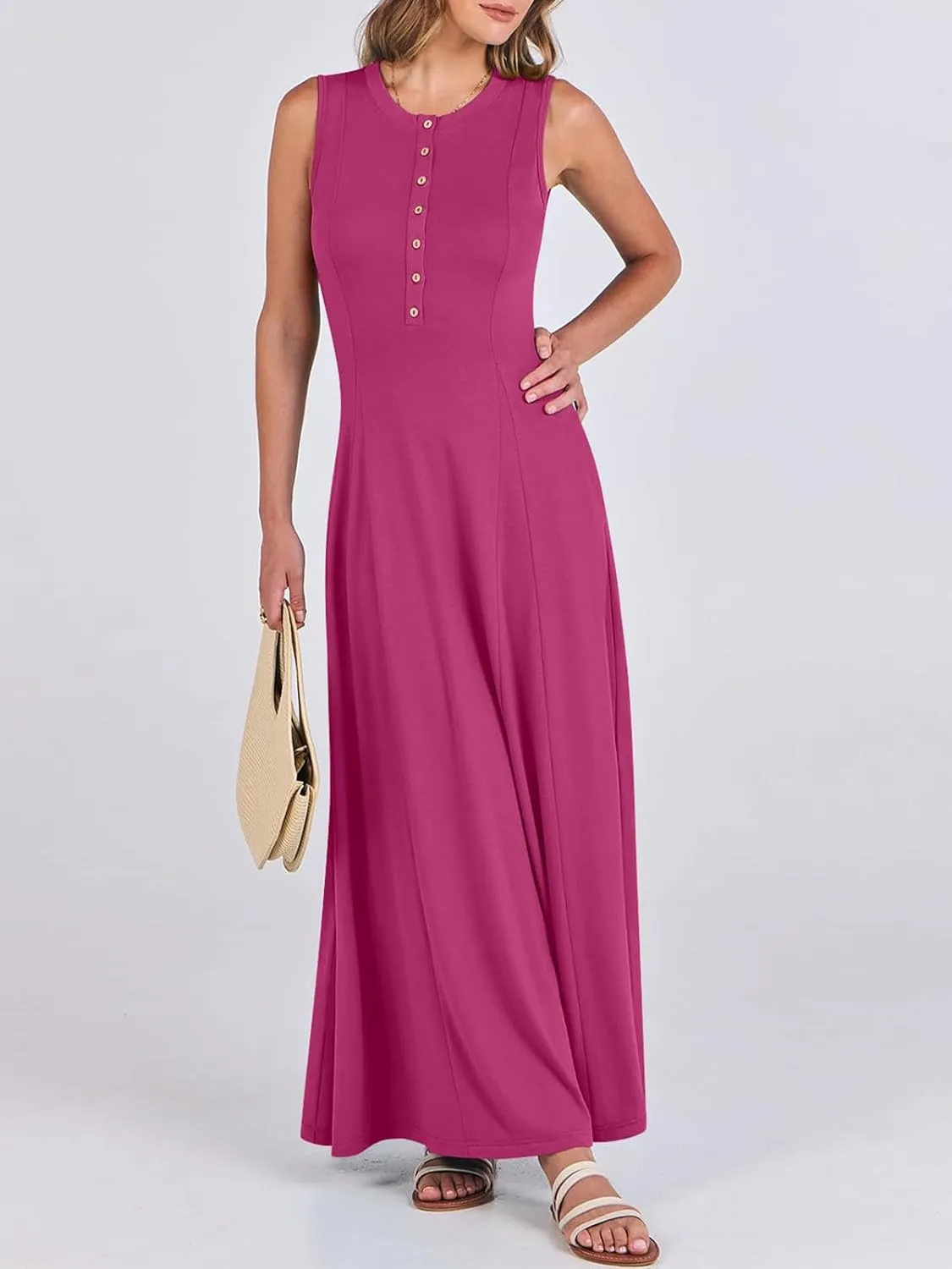 Women Summer Casual Sleeveless Maxi Sundress Button Fit & Flare A-Line Flowy Long Dresses 2024 Beach Outfits