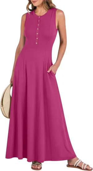 Women Summer Casual Sleeveless Maxi Sundress Button Fit & Flare A-Line Flowy Long Dresses 2024 Beach Outfits