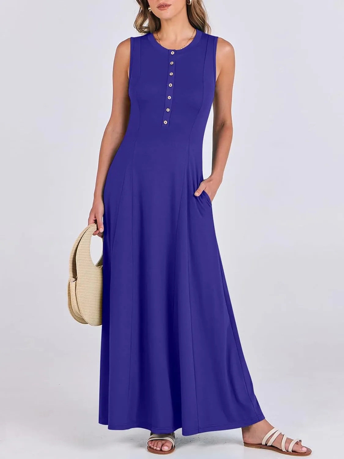 Women Summer Casual Sleeveless Maxi Sundress Button Fit & Flare A-Line Flowy Long Dresses 2024 Beach Outfits