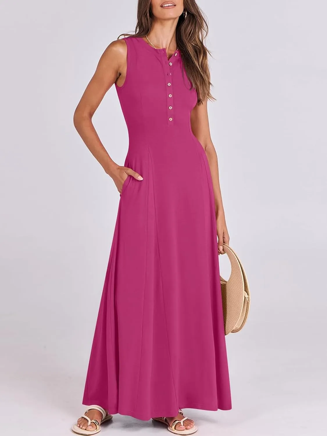 Women Summer Casual Sleeveless Maxi Sundress Button Fit & Flare A-Line Flowy Long Dresses 2024 Beach Outfits