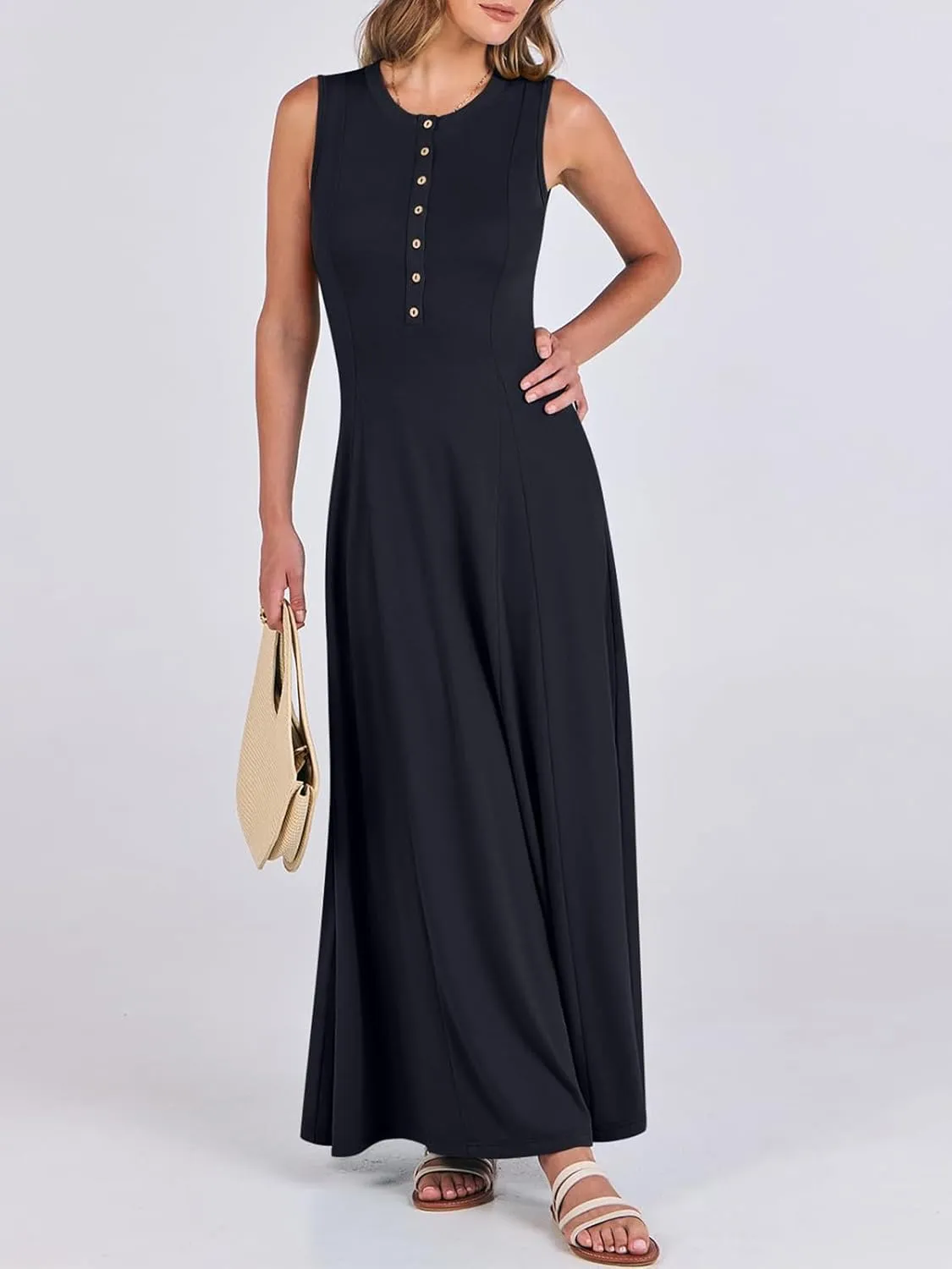 Women Summer Casual Sleeveless Maxi Sundress Button Fit & Flare A-Line Flowy Long Dresses 2024 Beach Outfits