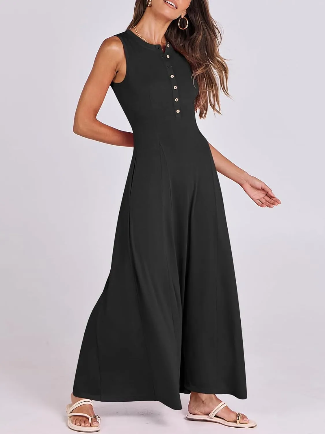 Women Summer Casual Sleeveless Maxi Sundress Button Fit & Flare A-Line Flowy Long Dresses 2024 Beach Outfits