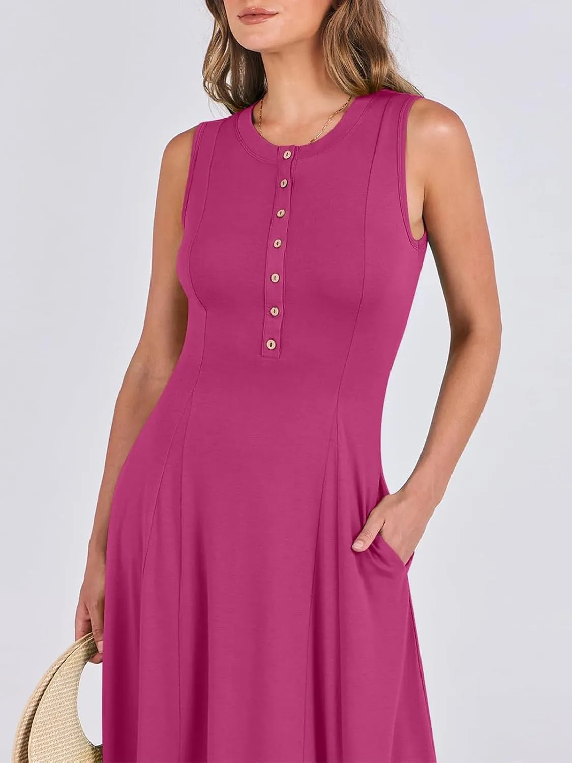 Women Summer Casual Sleeveless Maxi Sundress Button Fit & Flare A-Line Flowy Long Dresses 2024 Beach Outfits