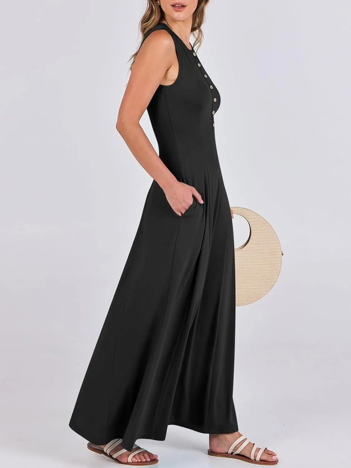 Women Summer Casual Sleeveless Maxi Sundress Button Fit & Flare A-Line Flowy Long Dresses 2024 Beach Outfits
