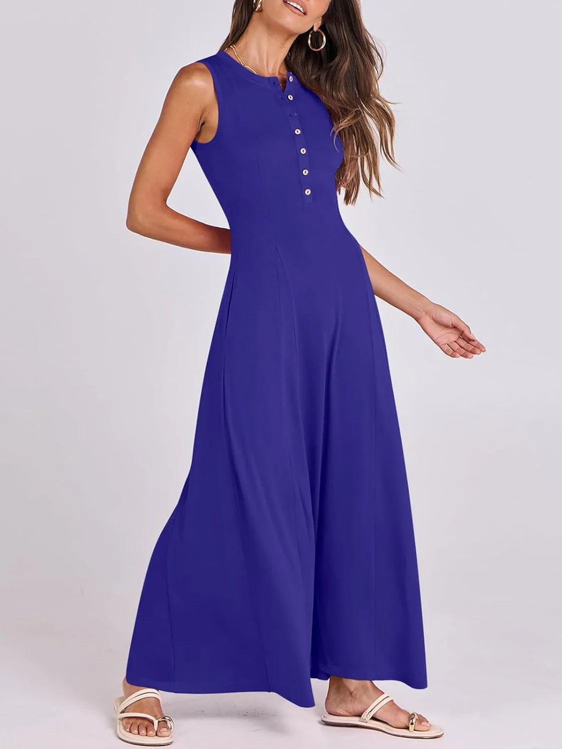 Women Summer Casual Sleeveless Maxi Sundress Button Fit & Flare A-Line Flowy Long Dresses 2024 Beach Outfits