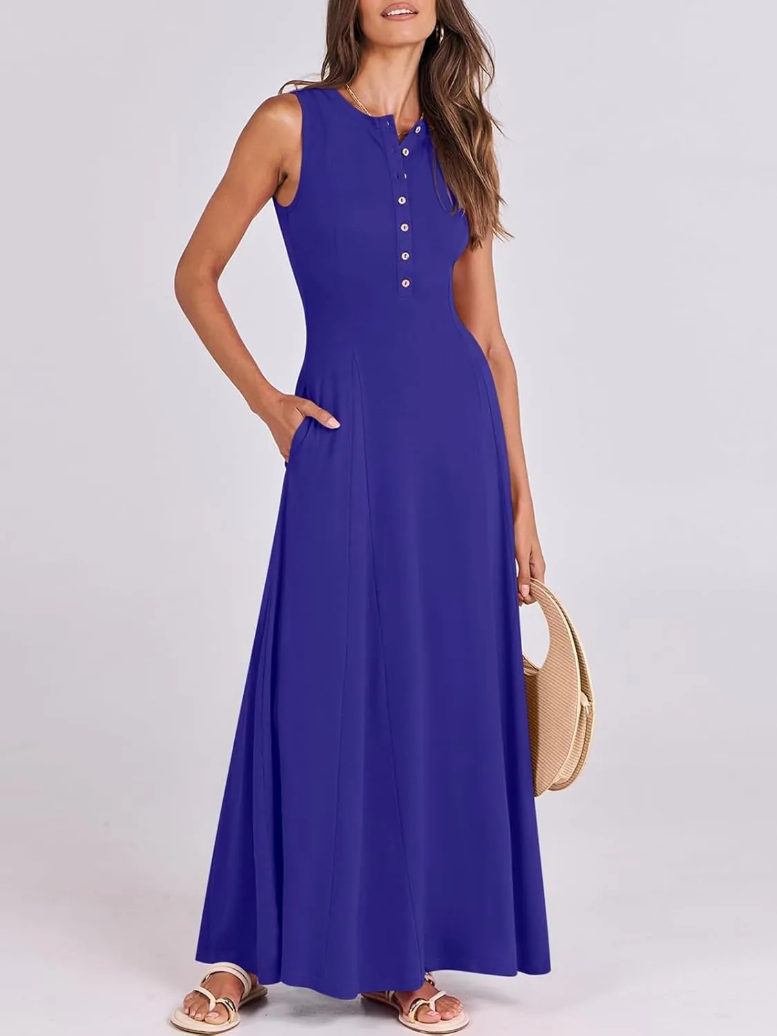 Women Summer Casual Sleeveless Maxi Sundress Button Fit & Flare A-Line Flowy Long Dresses 2024 Beach Outfits