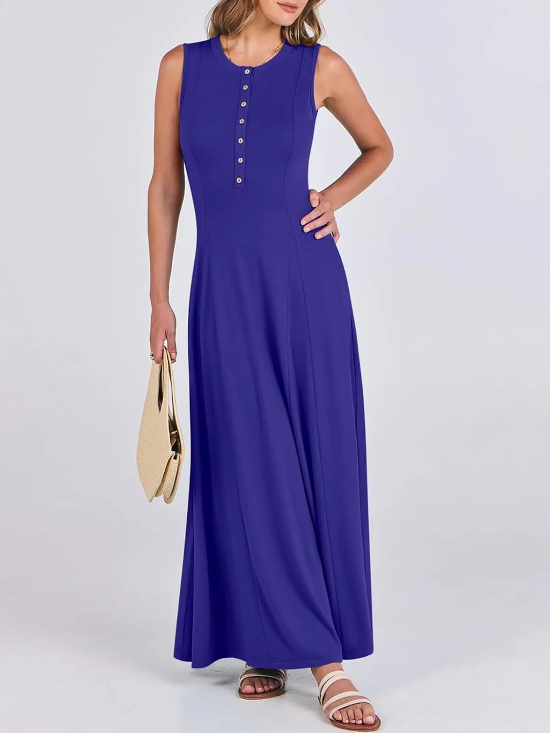Women Summer Casual Sleeveless Maxi Sundress Button Fit & Flare A-Line Flowy Long Dresses 2024 Beach Outfits