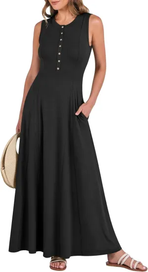 Women Summer Casual Sleeveless Maxi Sundress Button Fit & Flare A-Line Flowy Long Dresses 2024 Beach Outfits