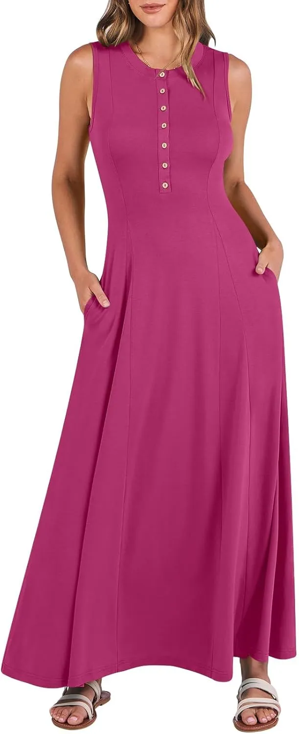 Women Summer Casual Sleeveless Maxi Sundress Button Fit & Flare A-Line Flowy Long Dresses 2024 Beach Outfits