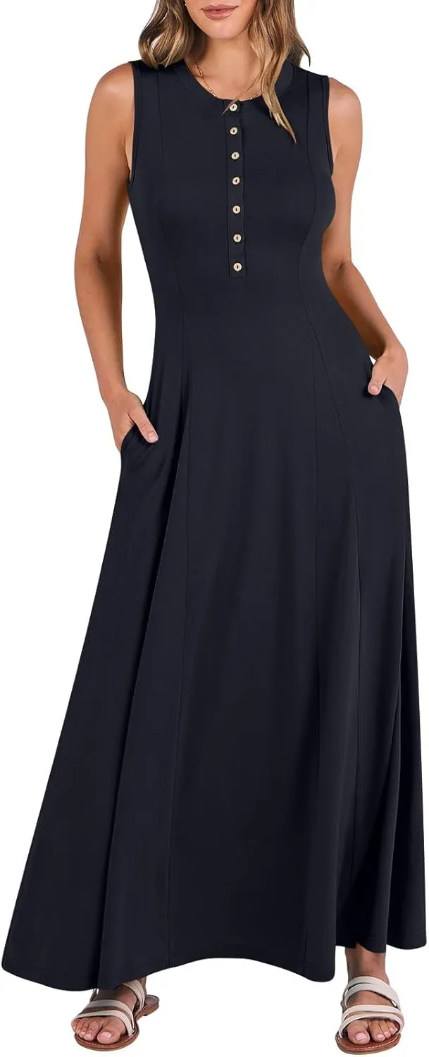 Women Summer Casual Sleeveless Maxi Sundress Button Fit & Flare A-Line Flowy Long Dresses 2024 Beach Outfits