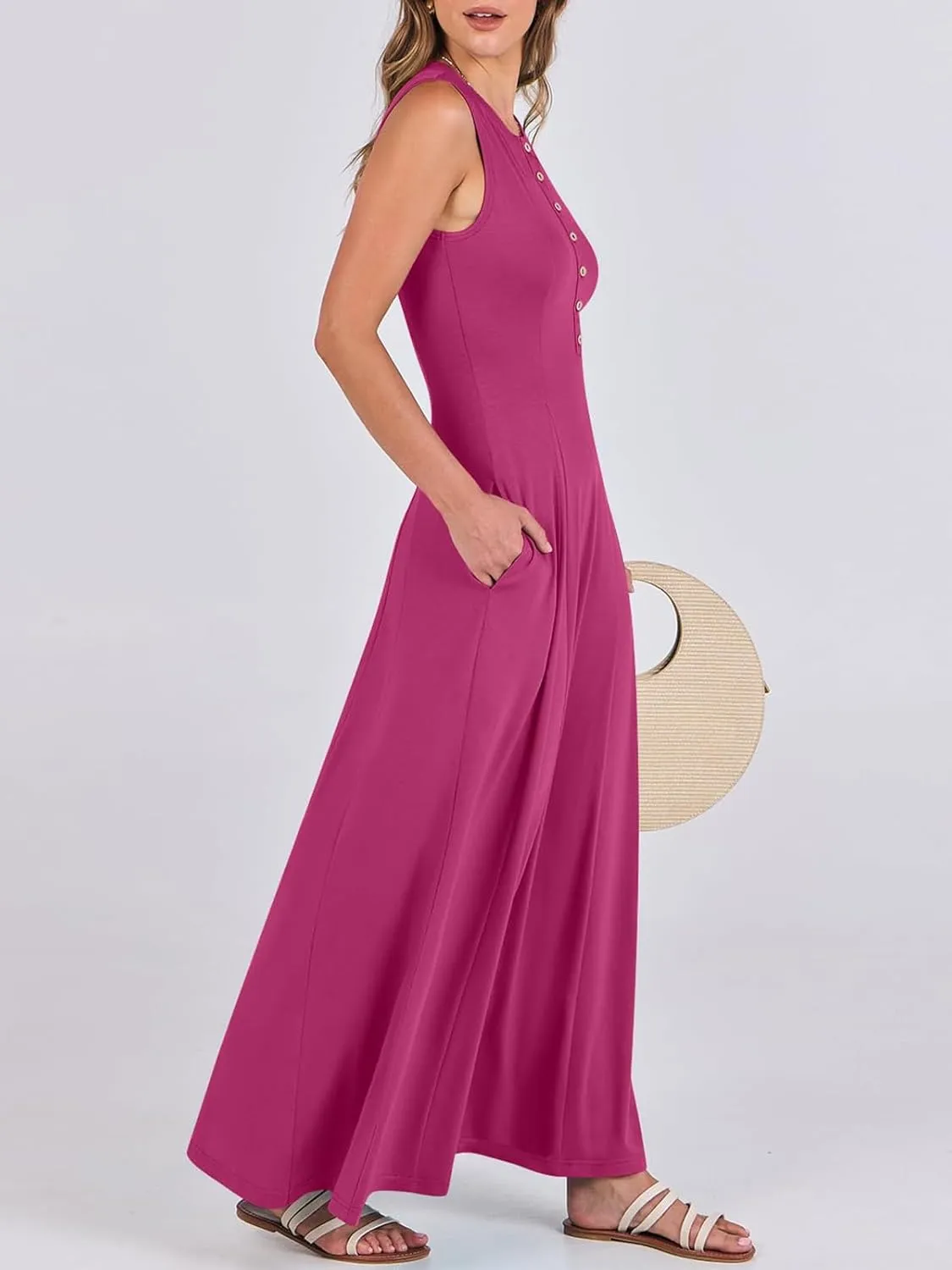 Women Summer Casual Sleeveless Maxi Sundress Button Fit & Flare A-Line Flowy Long Dresses 2024 Beach Outfits
