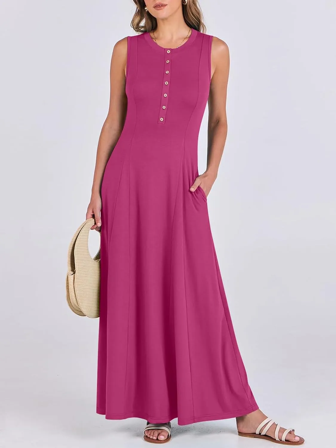 Women Summer Casual Sleeveless Maxi Sundress Button Fit & Flare A-Line Flowy Long Dresses 2024 Beach Outfits