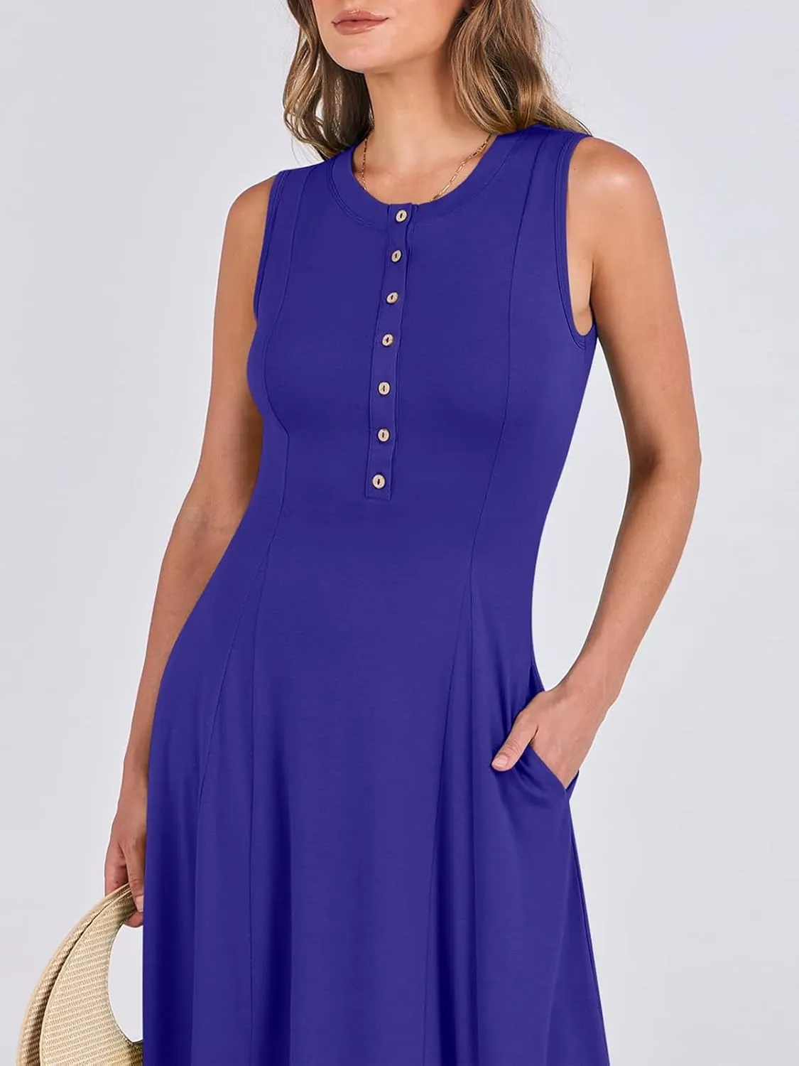 Women Summer Casual Sleeveless Maxi Sundress Button Fit & Flare A-Line Flowy Long Dresses 2024 Beach Outfits
