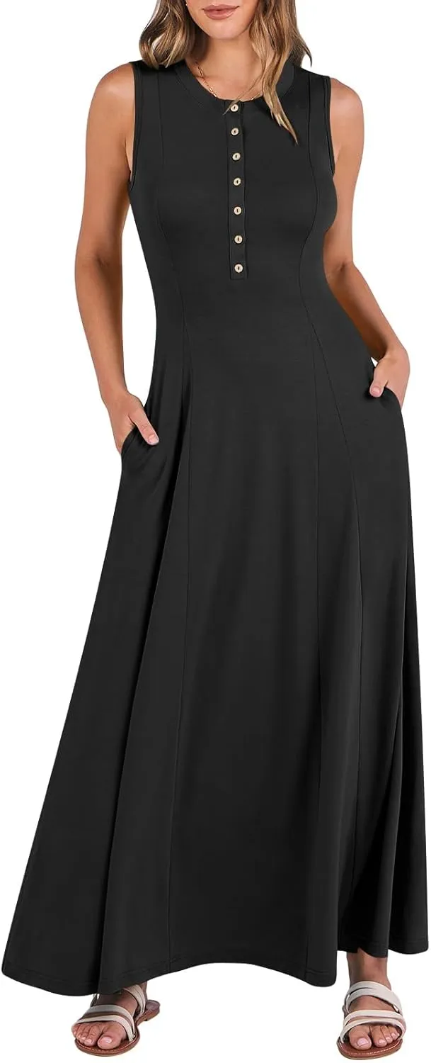 Women Summer Casual Sleeveless Maxi Sundress Button Fit & Flare A-Line Flowy Long Dresses 2024 Beach Outfits
