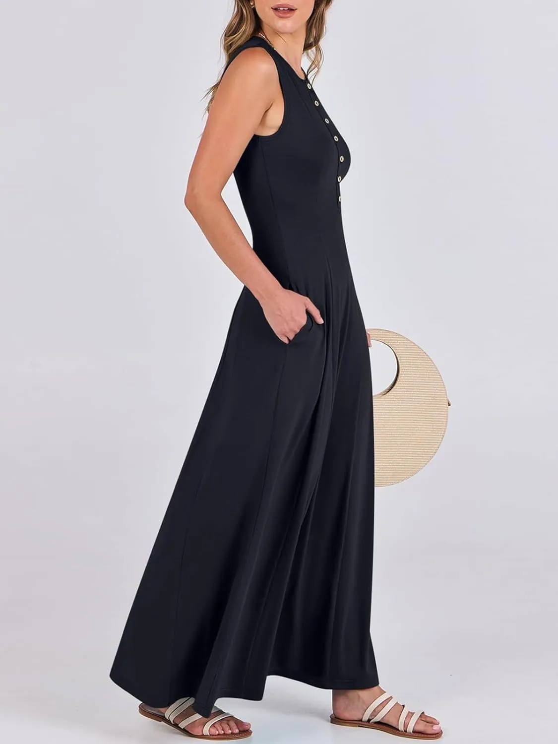Women Summer Casual Sleeveless Maxi Sundress Button Fit & Flare A-Line Flowy Long Dresses 2024 Beach Outfits