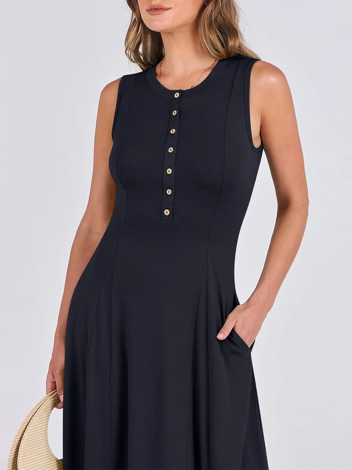 Women Summer Casual Sleeveless Maxi Sundress Button Fit & Flare A-Line Flowy Long Dresses 2024 Beach Outfits